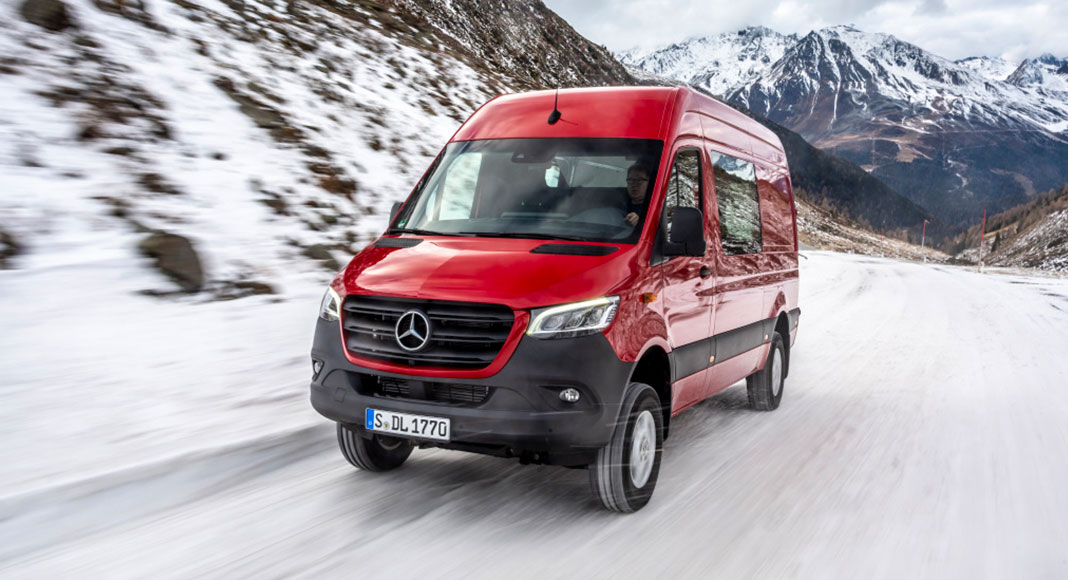 Mercedes Benz Sprinter 4x4 driving in snow.