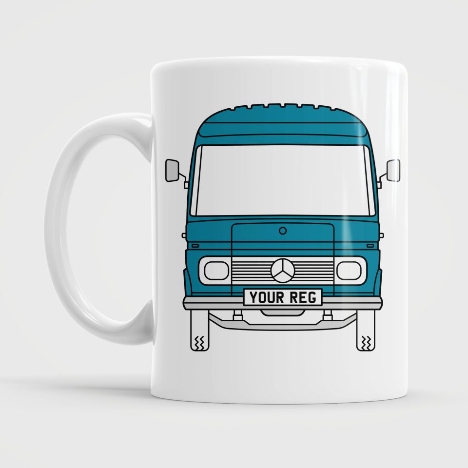 Mercedes Benz 309, 319, 406, 508, 608, 609, 613. Personalised Campervan Cup Mug Blue