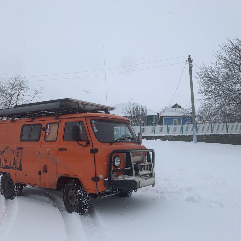 Italian man’s adventurous 18 month, 40,000km European vanlife road-trip in his orange Russian van 10 UAZ van on snow and ice