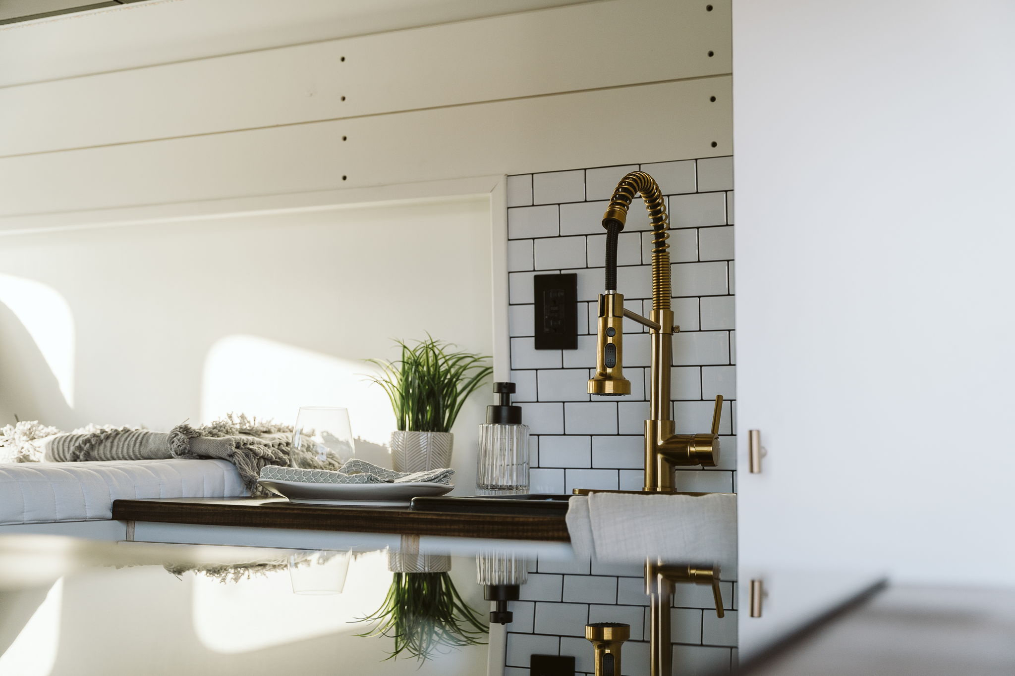 This Professional Conversion Is Perfect For Vanlife In USA | Everest Conversions 10 gold taps in kitchen vanlife